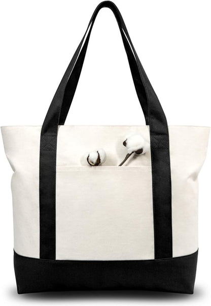 TOPDesign 6-Pack Canvas Tote Bags with an External Pocket, Reusable Grocery Shopping Bags, Top Zipper Closure, Daily Essentials (Black/Natural)