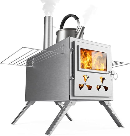 Hot Tent Wood Stove, Portable Camping Wood Burning Stove with 8 Stainless Chimney Pipes, Folding Wood Stove for Tent, Outdoor Heating, Cooking, Hunting, Ice Fishing