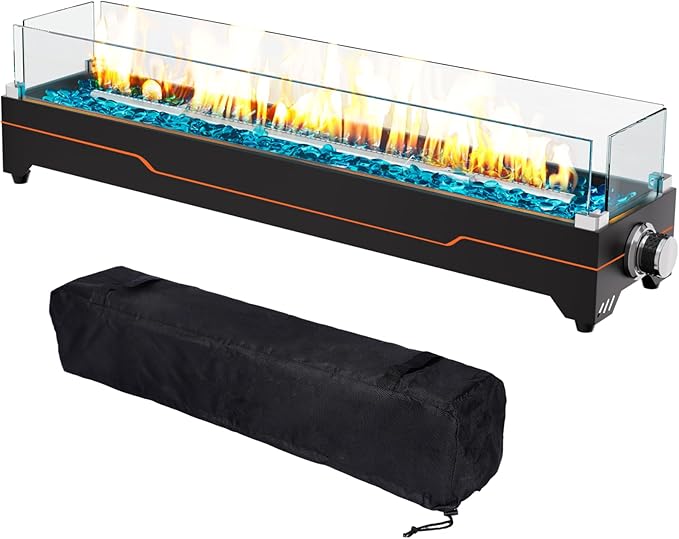 GRISUN 28" Table Top Propane Fire Pit, 45,000 BTU Tabletop Gas Fire Pit, Tabletop Firepit for Patio, Outdoor Portable Fireplace, Rectangular Fire Bowl with Glass Wind Guard, Glass Beads & Cover