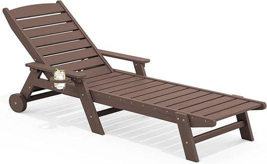SERWALL Patio Chaise Lounge Chair, 78'' Long HDPE 5 Positions Adjustable Outdoor Lounger, Poly Lounge Chair with Rolling Wheels & Cup Holder for Pool, Coffee Brown