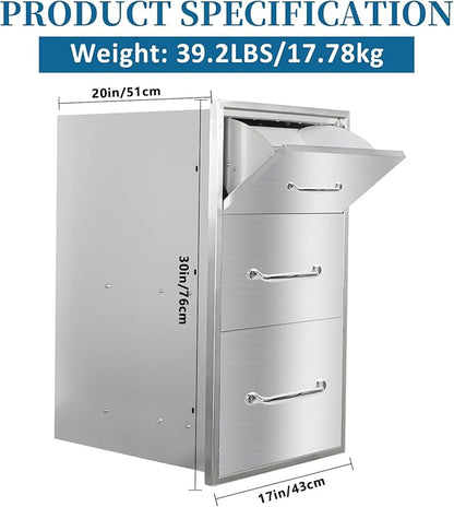Outdoor Kitchen Drawers with Paper Towel Holder 17"Wx30"Hx20"D Flush Mount Access 3-Drawer BBQ Stainless Steel Drawers with Handle for Outdoor Kitchen Island or Grill Station