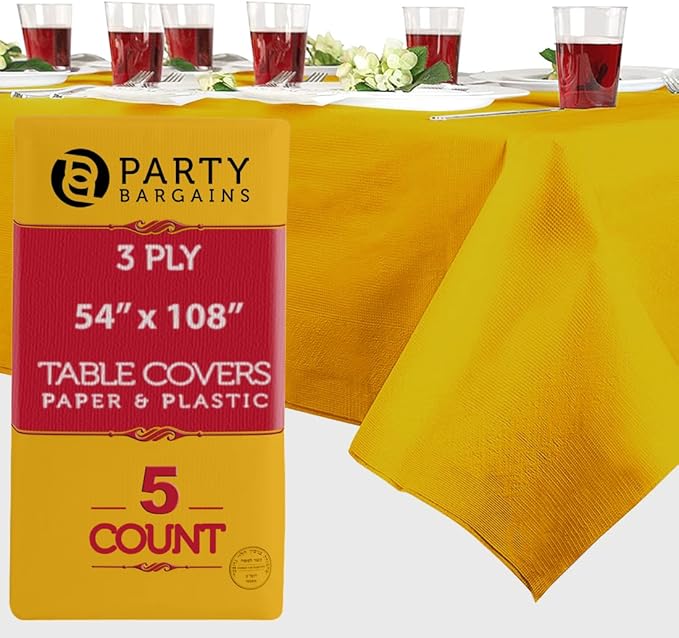 PARTY BARGAINS 5 Disposable Table Covers - 54" X 108" Yellow Table Cover, 3 Ply Paper & Plastic Tablecloth