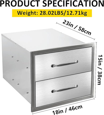 Outdoor Kitchen Drawers 18" W x 15" H x 23" D Flush Mount Double layer BBQ Drawers with Chrome Handle,Stainless Steel Built-in 2-Drawer for Outdoor Kitchen Island, Patio Grill Station