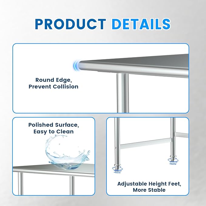 Treshin Stainless Steel Work Table Open Base 24" X 60", Commercial Heavy Duty Prep Table for Kitchen, Restaurant, Home, Hotel, Laundry