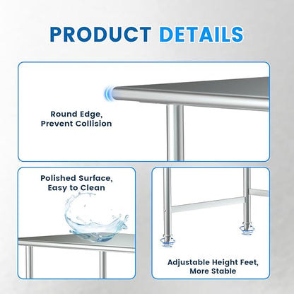 Treshin Stainless Steel Work Table Open Base 24" X 60", Commercial Heavy Duty Prep Table for Kitchen, Restaurant, Home, Hotel, Laundry