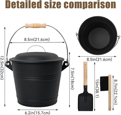 BRIAN & DANY Mini Ash Bucket with Lid and Shovel, 1.3 Gallon Fireplace Bucket with Broom, Ash Can for Fireplace, Ashes, Fire Pit, Wood Burning Stove