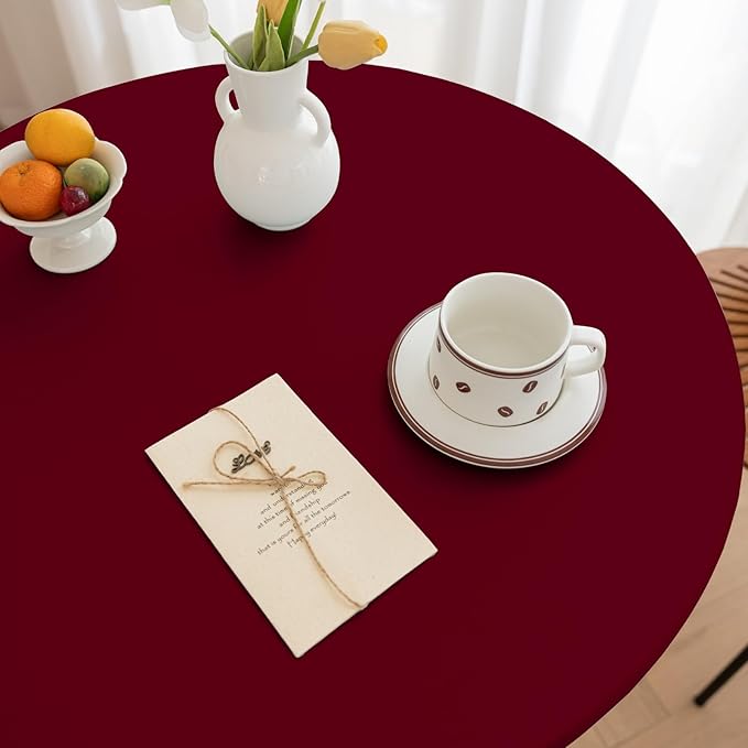 Round Fitted PU Tablecloth with High Elastic Edge 24 Inch Dia Waterproof Oil Proof Table Cloth Anti-Scald Stain-Resistant Wipeable Table Cover for Indoor Outdoor Picnic (Red,24" Dia)
