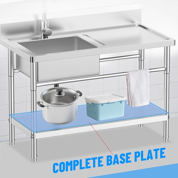 Utility Sink Freestanding Single Bowl Laundry Sink with Hot and Cold Water Plumbing Workbench & Storage Stainless Steel Sink for Kitchen and Bathroom Farmhouse Style, Metallic Gray