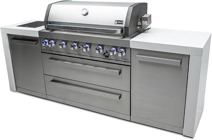 Mont Alpi 805 MAi805-D 6-Burner 115000 BTU Stainless Steel Outdoor Kitchen Island BBQ Gas Grill + 2 Infrared Side Burners Granite Countertops, Storage Drawers & Cabinets, Rotisserie Kit, Weather Cover