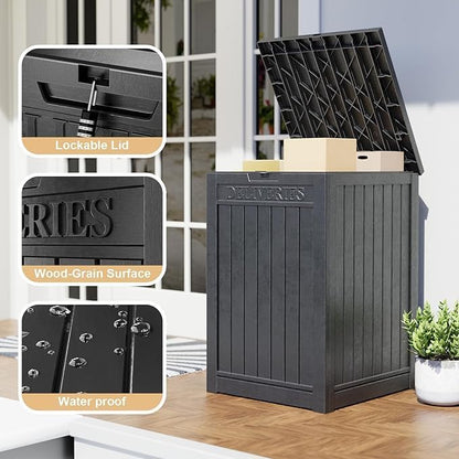 DRATO 48 Gallon Package Delivery Box, Large Lockable Storage Box, Double-Wall Resin Outdoor Package Delivery and Waterproof Deck Box for Porch, Patios（Black，48 Gallon）