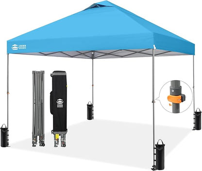 CROWN SHADES Adjustable Height on The Fly, 10x10 Pop Up Canopy - Beach Tent with One Push Setup - Easy Outdoor Sun Shade for Events, Parties, Camping - Outside Shade with STO-N-Go Bag, Sky Blue