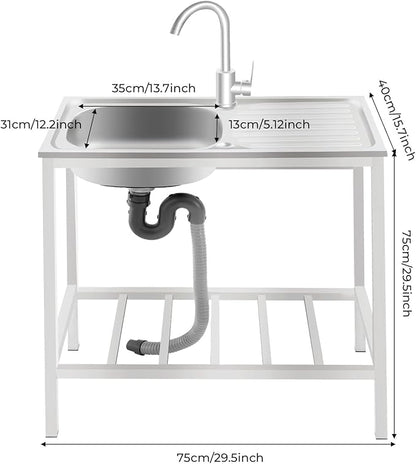 Portable Outdoor Utility Sink, Free Standing Single Bowl Kitchen Sink with Storage Shelf Faucet Operation Countertop, Commercial Stainless Steel Sink Adjustable Support Feet (30X16X30in)