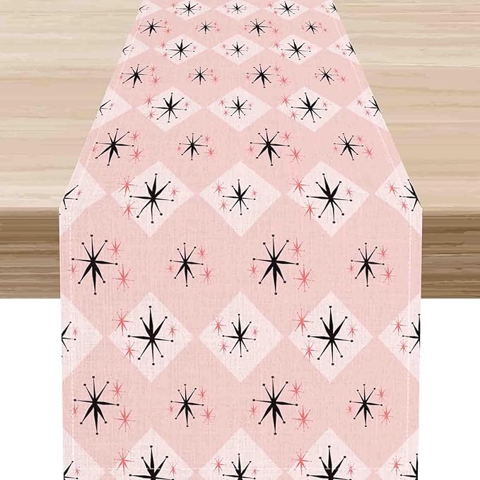 Pink Table Runner, Retro Mid Century 1950s Checkered Modern Abstract Geometric Coffee Table Center Decor for Home Kitchen Dining Patio Holiday Party Indoor Outdoor Table Decorations, 13"x108" Inch