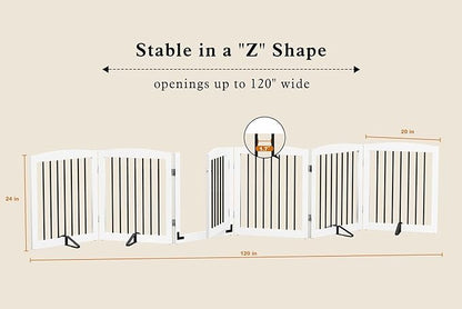 Freestanding Pet Gates with Walk Through Door, Dog Indoor Fence, Dog Gate for The House, Stairs, Extra Wide Pet Gate, Support Feet Included, 120 Inch Wide, 6 Panels 24" Tall, White & Black