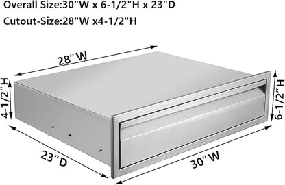 30" W Outdoor Kitchen Drawer Stainless Steel BBQ Single Drawer w/Divider Flush Mount for Outdoor Kitchen Island(Overall Size:30" W x 6-1/2"H x 23" D inch)