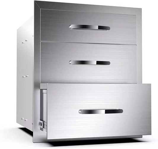 Outdoor Kitchen Drawers, Flush Mount Triple Access BBQ Drawers With Stainless Steel Handle, BBQ Island For BBQ Island Patio Grill Station,Three Drawers