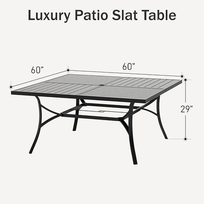 PHI VILLA Large Outdoor Square Dining Table for 8, 60" Metal Steel Slat Table with Umbrella Hole, Weather-Resistant Dining Fruniture for Patio, Deck, Backyard, Porch - Black