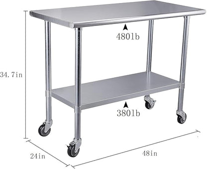 ROCKPOINT Stainless Steel Table for Prep & Work with Caster Wheels 24x48 Inches, NSF Metal Commercial Kitchen Heavy Duty Table with Adjustable Under Shelf and Table Foot for Restaurant, Home and Hotel