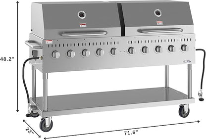 72 in. 10-Burner Commercial Outdoor Propane Gas Grill with Two 36 in. Roll Dome Covers in Stainless-Steel, ETL Listed (CGKIT7-D36D36)