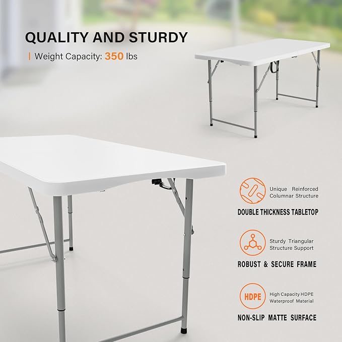VINGLI 4 FT Plastic Folding Camping Table,3-Level Adjustable Height, Portable in/Outdoor Party Picnic Dining Desk, Garden Soccer Multipurpose Entertaining Activities，White