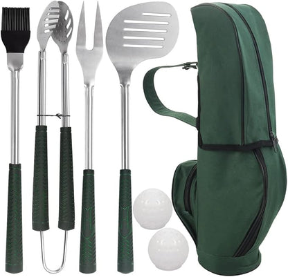 POLIGO 7PCS Golf-Club Style BBQ Tools Set Grilling Tools with Rubber Handle - Stainless Steel Grill Accessories for Outdoor Grill Set Premium Grill Utensils Set Christmas Birthday Gifts for Men Dad