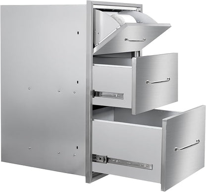 Outdoor Kitchen Drawers with Paper Towel Holder 17"Wx30"Hx20"D Flush Mount Access 3-Drawer BBQ Stainless Steel Drawers with Handle for Outdoor Kitchen Island or Grill Station