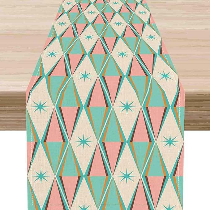 Geometric Table Runner, Retro Mid Century 1950s Modern Abstract Teal Pink Checkboard Coffee Table Center Decor for Home Kitchen Dining Patio Holiday Party Table Decorations, 13"x108" Inch