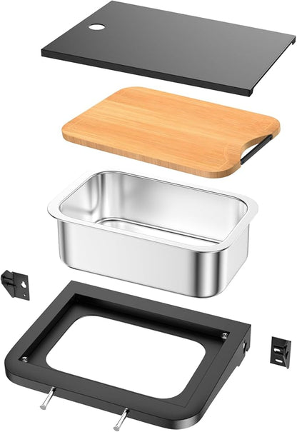 Utheer Grill Side Table Shelf for Weber Searwood 600/600XL – Foldable BBQ Prep Station with Works Cutting Board, Stainless Steel Basin, Lid & Hooks, Side Table for Weber Searwood 600 Accessories