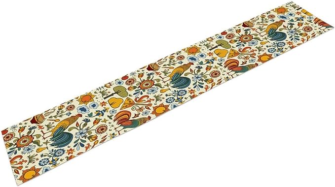 Farm Animal Table Runner, Boho Folk Style Country Rustic Farmhouse Rooster Flower Print Table Runner for Home Kitchen Dining Holiday Decor, 13x70inch