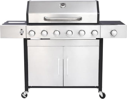 6-Burner Gas Grill with Side Burner, 65850 BTU Outdoor BBQ Grill, 620 sq in Cooking Area with Cast Iron Grates, Enameled Steel Lid & Built-in Thermometer for Patio, Garden, Family Gatherings