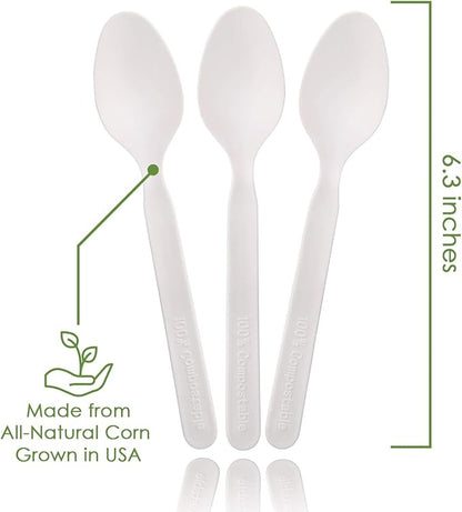 Ecovita 100% Compostable Spoons - 500 Large Disposable Utensils (6.5 in.) Bulk Size Eco Friendly Durable and Heat Resistant Alternative to Plastic Spoons with Convenient Tray