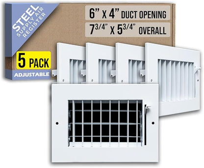 [5 Pack] Fits 6x4 Duct Opening Steel Adjustable Air Supply Grille by Handua | Register Vent Cover Grill for Sidewall and Ceiling | White | Out. Dim.: 7.75" X 5.75"