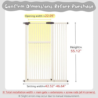 Lumizone Extra Tall Pet Gate 55.12" High Pressure Mounted 42.52"-46.64" Extra Wide (9 Sizes) 1.37" Gap for Cat Dog Stairs Doorway Hallway No Drilling Auto-Close (42.52"-46.64" W, Cream White)