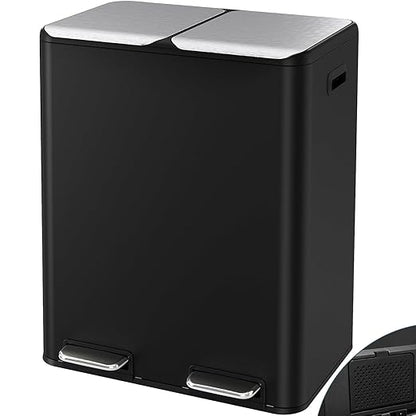 Arlopu 16Gal Dual Trash Can w/2 Built-in Box for Odor Control, Hands-Free Kitchen Garbage Bin, Recycle Waste Dustbin, Soft-Close Lid, 2 Buckets,Foot Pedal, Side Handle, Airtight,for Home (Black)