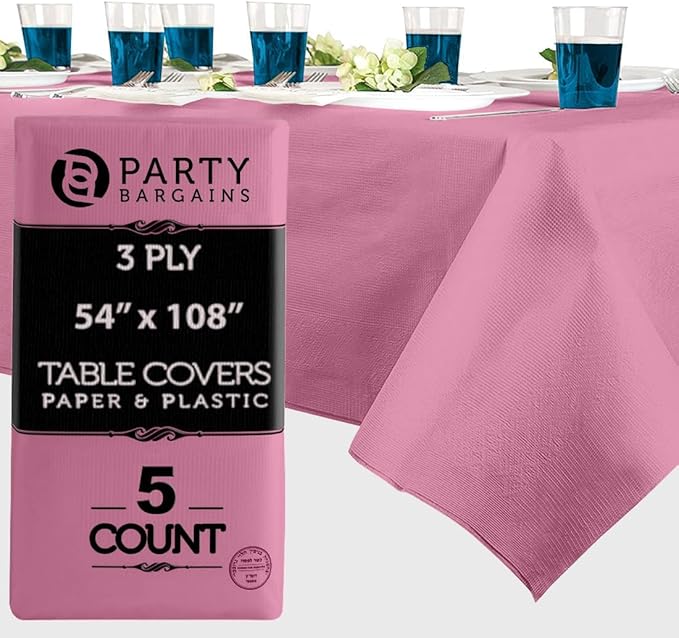 PARTY BARGAINS 5 Disposable Table Covers - 54" X 108" Pink Table Cover, 3 Ply Paper & Plastic Tablecloth