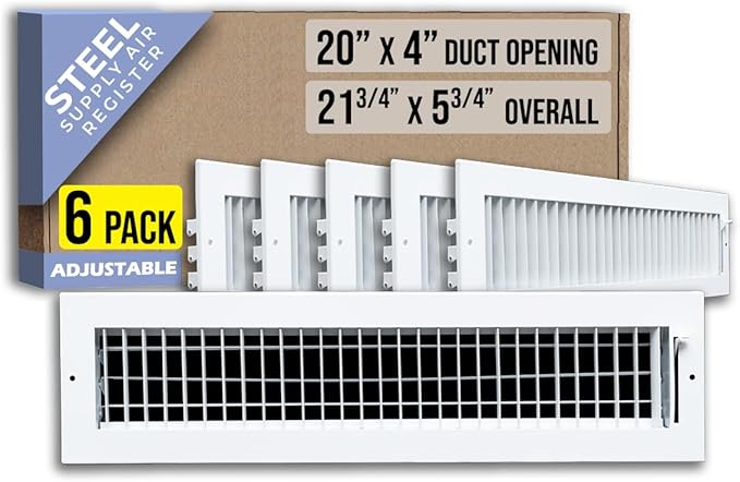 [6 Pack] Fits 20x4 Duct Opening Steel Adjustable Air Supply Grille by Handua | Register Vent Cover Grill for Sidewall and Ceiling | White | Out. Dim.: 21.75" X 5.75"