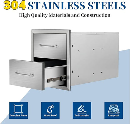 Outdoor Kitchen Drawers 14"Wx15"Hx23"D Flush Mount Access 2-Drawer BBQ Stainless Steel Drawers with Handle for Outdoor Kitchen Island or Grill Station