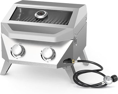 BESTFIRE Tabletop Gas Grill with 2 Burners & Viewing Glass Lid, 20,000 BTU Stainless Steel Portable BBQ Grill with Thermometer, Push-Button Ignition for Outdoor Patio, Camping, RV, Tailgating
