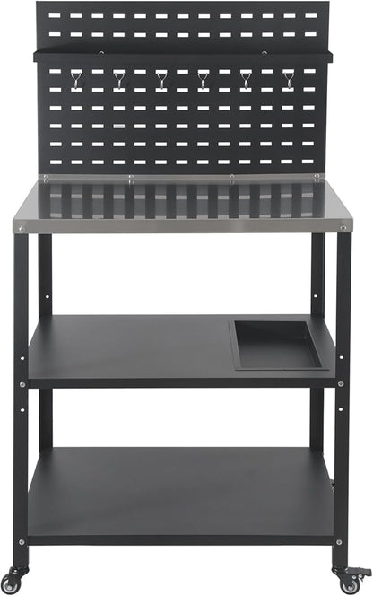 Three-Tier Grill Cart with Hanging Plate,Grill Table with 2 Locking Casters for Patio and Backyard,Stainless Steel Pizza Oven Stand Table,Black