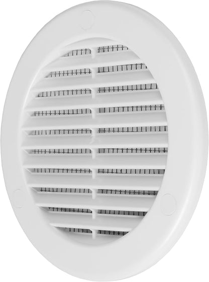 4 Inch [Opening] White Air Vent Cover – Pack of 5 – Plastic Round Air Vent Grill Cover for Wall or Ceiling, Built-in Mesh Screen/HVAC Return Air Register – Modern Louvered Design