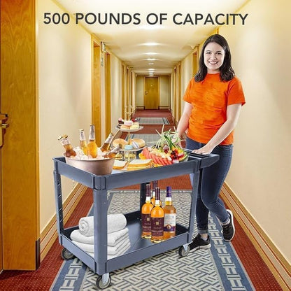Service Cart 2-Shelf, Storage Handle, 500 lbs Capacity, for Warehouse/Garage/Cleaning/Manufacturing，45"X25" Grey