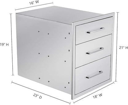 Outdoor Kitchen Drawers Stainless Steel 3-Drawer BBQ Drawer 18" W x 21" H x 23" D Enclosed Built-in Drawer Flush Mount for Outdoor Kitchens & BBQ Islands