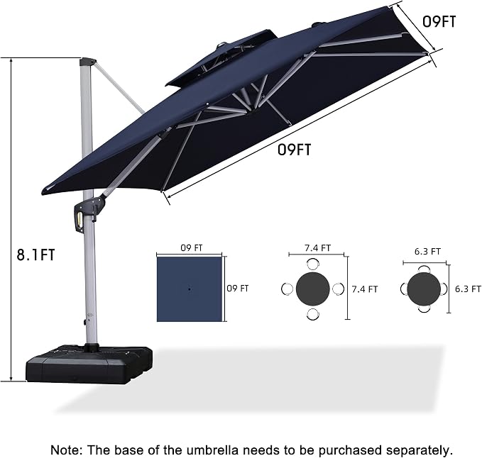 PURPLE LEAF Cantilever Outdoor Umbrella 9' x 9' Square Double Top Navy Blue | - Image 9