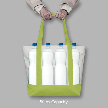 TOPDesign 1-Pack Canvas Tote Bag with an External Pocket, Reusable Grocery Shopping Bag, Top Zipper Closure, Daily Essentials (Light Green/Natural)