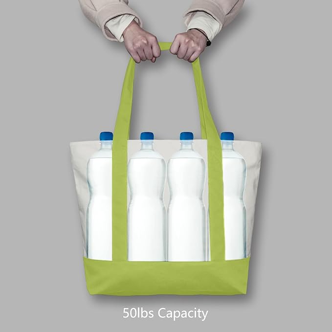 TOPDesign 6-Pack Canvas Tote Bags with an External Pocket, Reusable Grocery Shopping Bags, Top Zipper Closure, Daily Essentials (Light Green/Natural)