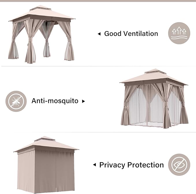 8'x8' Outdoor Gazebo, Metal Frame Heavy Duty Patio Canopy Tent Shelter - Image 3