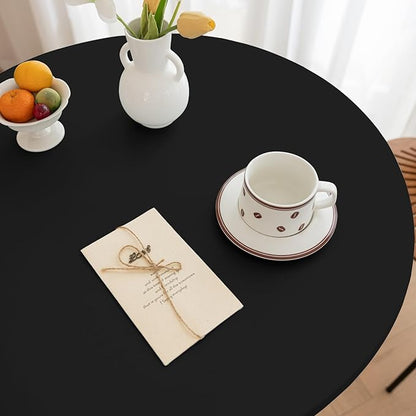 Round Fitted PU Tablecloth with High Elastic Edge 43 Inch Dia Waterproof Oil Proof Table Cloth Anti-Scald Stain-Resistant Wipeable Table Cover for Indoor Outdoor Picnic (Black,43" Dia)