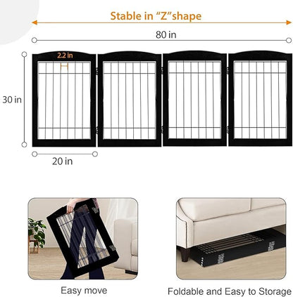LZRS 4-Panel Freestanding Wooden Dog Gate—Extra Wide 30” Tall Foldable Pet Barrier with Support Feet, Solid Hardwood & Steel Wire Safety Gate for Doorways, Hallways, and Stairs, Black