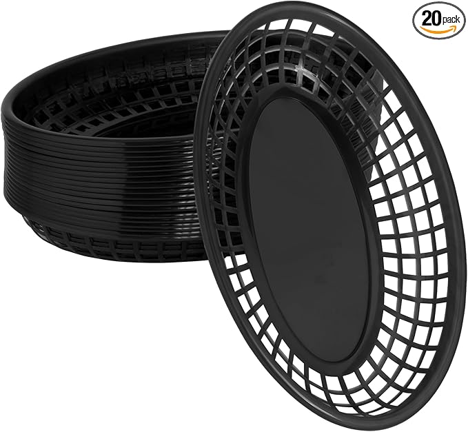 20 Pack Plastic Fast Food Baskets, 8.8" × 5.5" Small Oval Restaurant Serving Baskets Tray for Burgers, Sandwiches,Hot Dogs,Tacos,Parties, Food Trucks, Reusable or Disposable,Stackable(Black)