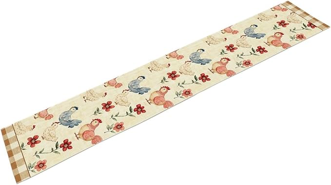 Farmhouse Rooster Table Runner, Rustic Farm Chicken Brown Plaid Flower Plant Watercolor Coffee Table Center Decor for Home Kitchen Dining Patio Party Indoor Outdoor Table Decorations, 13" X 90"